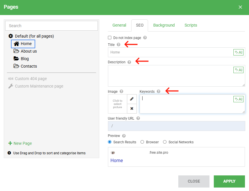 Meta information of the page